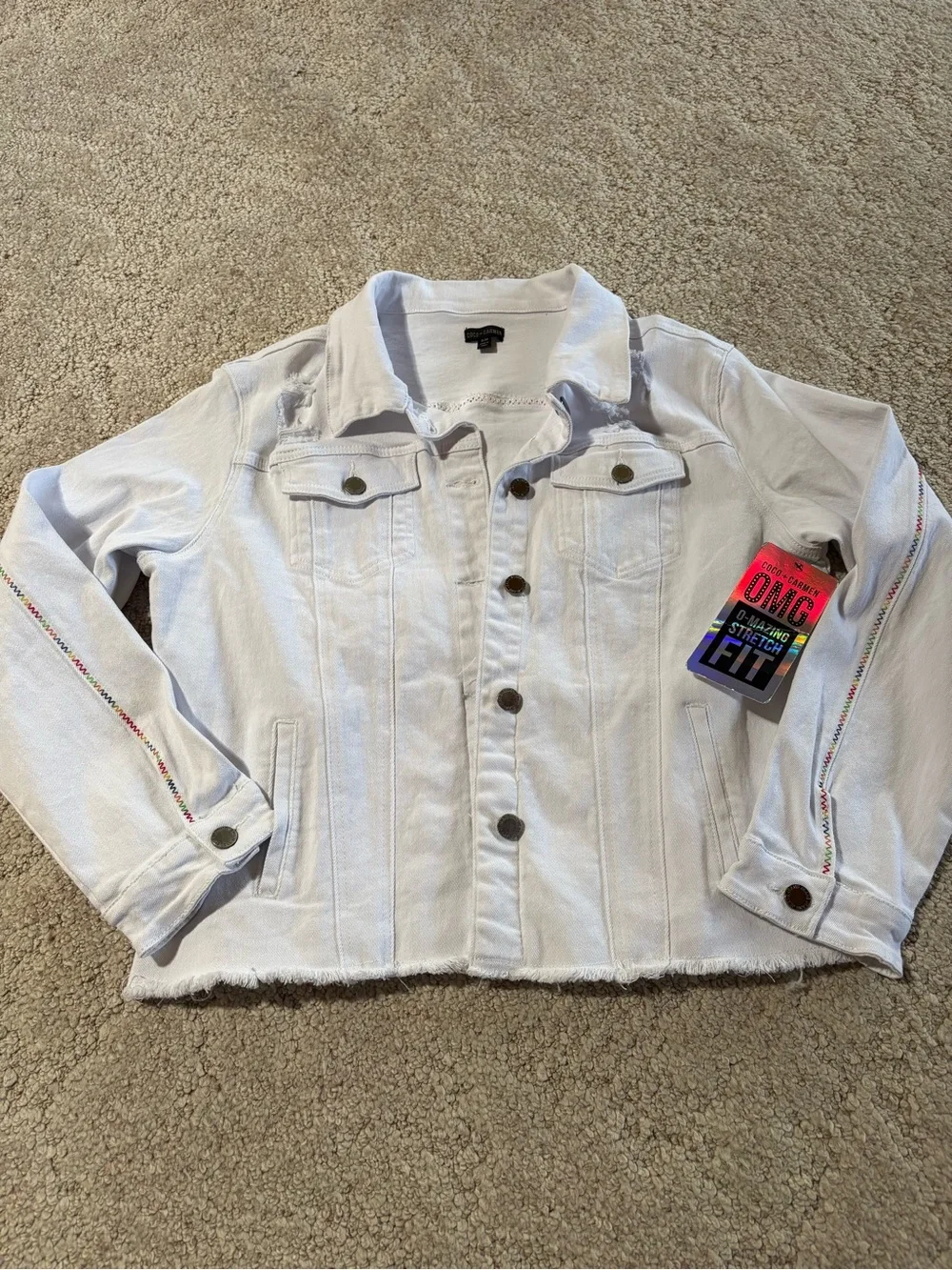 Coco + Carmen Women’s White Denim Jacket with Rainbow Stitching